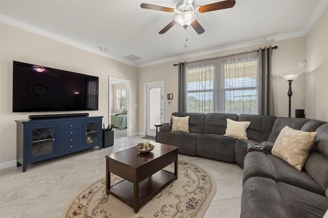 3972 Wisdom Trl, Land O Lakes, FL 34638 - living room with light tile patterned flooring, ornamental molding, a ceiling fan, and baseboards