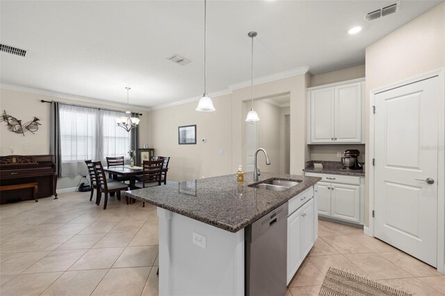 3972 Wisdom Trl, Land O Lakes, FL 34638 - kitchen featuring a sink, stainless steel dishwasher, light tile patterned flooring, white cabinets, and ornamental molding