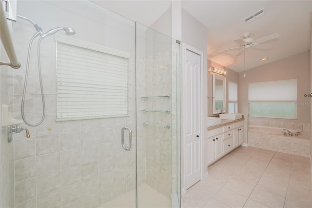 11741 Teapot Ct, Spring Hill, FL 34609 - full bath featuring a ceiling fan, a stall shower, lofted ceiling, tile patterned floors, and vanity