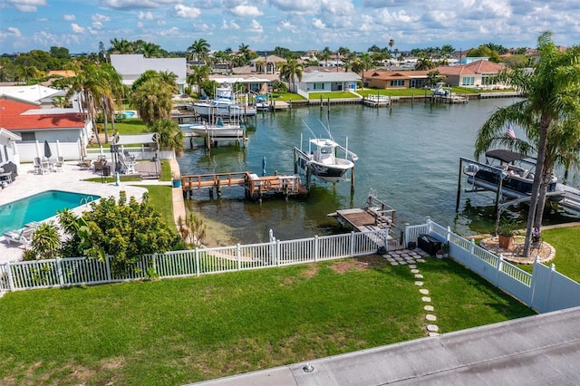 710 116th Ave, Treasure Island, FL 33706 - dock area with boat lift, a water view, a residential view, and a patio