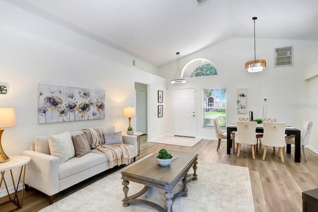 4921 Wessex Way, Land O Lakes, FL 34638 - living room with light wood finished floors, high vaulted ceiling, and baseboards