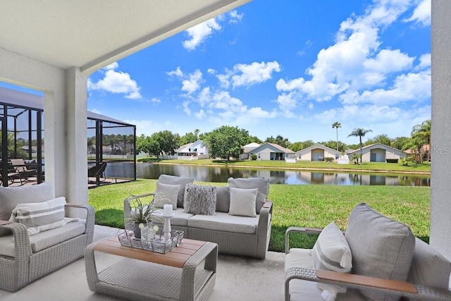 4921 Wessex Way, Land O Lakes, FL 34638 - view of patio with outdoor lounge area, a water view, glass enclosure, and a residential view