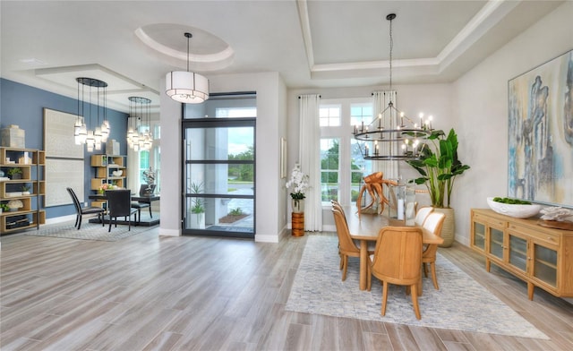256 Stirling Bridge Dr, Ormond Beach, FL 32174 - dining area with a tray ceiling, a chandelier, wood finished floors, and baseboards
