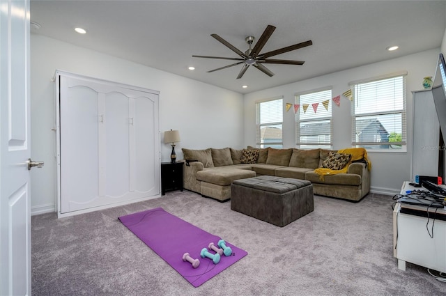 3952 Aldea Way, Wesley Chapel, FL 33543 - carpeted living room with ceiling fan, recessed lighting, and baseboards