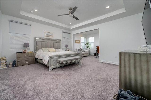 3952 Aldea Way, Wesley Chapel, FL 33543 - carpeted bedroom with a raised ceiling, recessed lighting, and a ceiling fan