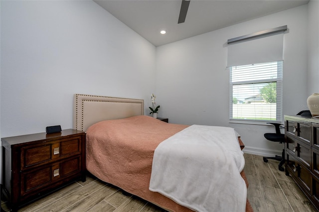 3952 Aldea Way, Wesley Chapel, FL 33543 - bedroom with light wood-style floors, baseboards, recessed lighting, ceiling fan, and an office area