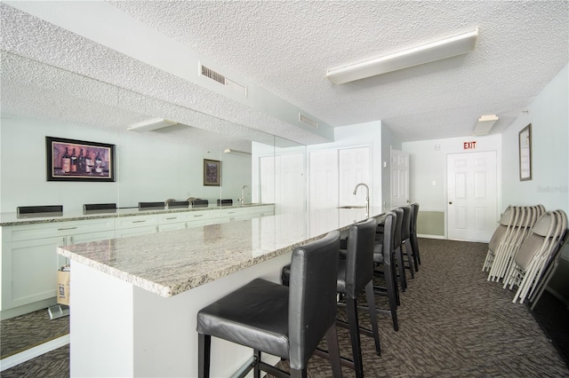 3211 W Swann Ave Unit 605, Tampa, FL 33609 - kitchen with a textured ceiling, dark carpet, a kitchen bar, a sink, and a large island