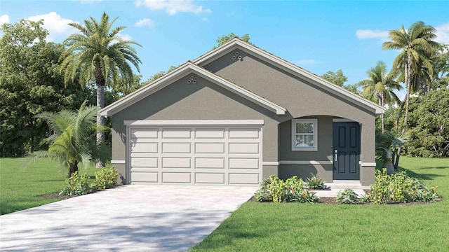 4367 Sand Dollar Way, Zephyrhills, FL 33541 - ranch-style house featuring stucco siding, a front lawn, a garage, and driveway
