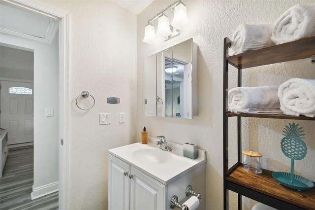 4324 S Clark Ave, Tampa, FL 33611 - bathroom featuring a textured wall, wood finished floors, vanity, and baseboards