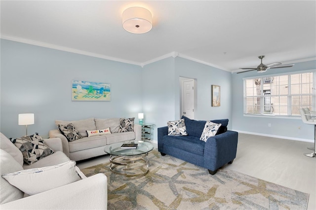 501 Knights Run Ave Unit 5103, Tampa, FL 33602 - living room featuring crown molding, carpet, baseboards, and a ceiling fan