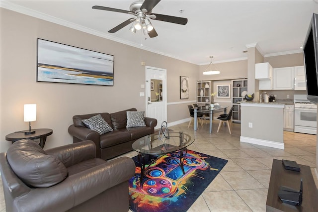 2705 Via Murano Unit 127, Clearwater, FL 33764 - living area featuring light tile patterned flooring, crown molding, ceiling fan, and baseboards