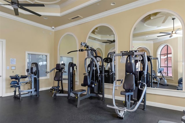 2705 Via Murano Unit 127, Clearwater, FL 33764 - workout area with ceiling fan, ornamental molding, and baseboards