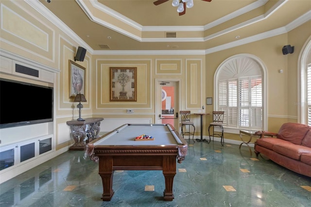 2705 Via Murano Unit 127, Clearwater, FL 33764 - game room with ceiling fan, a raised ceiling, crown molding, billiards table, and marble tiled floors