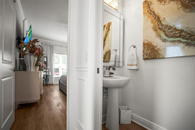 5332 Riverwalk Preserve Dr, New Port Richey, FL 34653 - bathroom with wood finished floors, a sink, and baseboards
