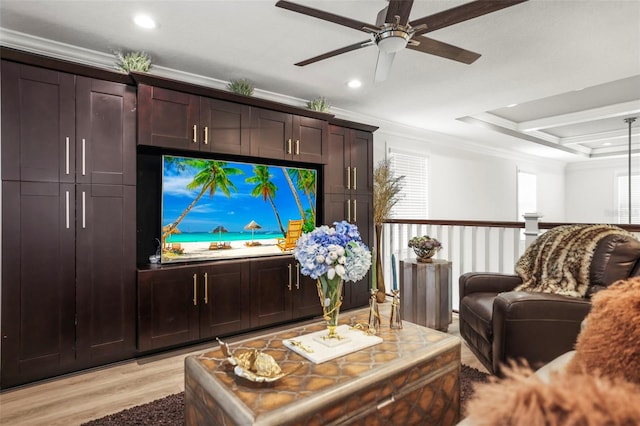 5332 Riverwalk Preserve Dr, New Port Richey, FL 34653 - living room with light wood-type flooring, crown molding, recessed lighting, and a ceiling fan