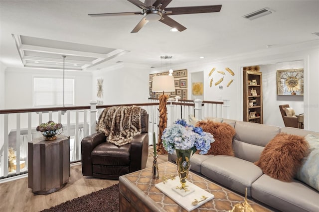 5332 Riverwalk Preserve Dr, New Port Richey, FL 34653 - living room with a ceiling fan, wood finished floors, ornamental molding, and recessed lighting