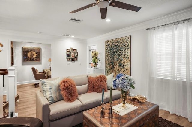 5332 Riverwalk Preserve Dr, New Port Richey, FL 34653 - living room with a ceiling fan, crown molding, wood finished floors, recessed lighting, and baseboards