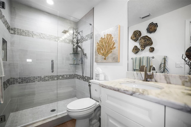 5332 Riverwalk Preserve Dr, New Port Richey, FL 34653 - bathroom featuring vanity, toilet, a stall shower, and recessed lighting