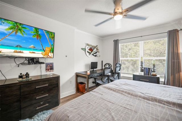 5332 Riverwalk Preserve Dr, New Port Richey, FL 34653 - bedroom with wood finished floors, crown molding, baseboards, and a ceiling fan