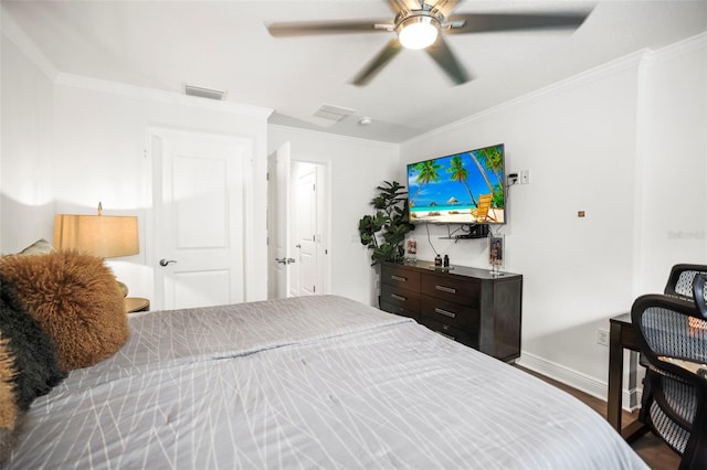 5332 Riverwalk Preserve Dr, New Port Richey, FL 34653 - bedroom featuring ornamental molding, wood finished floors, baseboards, and a ceiling fan