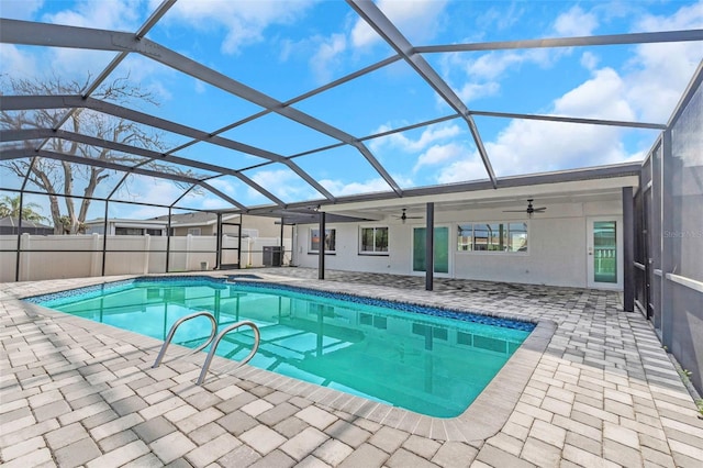 6508 Senegal Palm Way, Apollo Beach, FL 33572 - view of pool featuring a ceiling fan, a patio, a lanai, and central air condition unit