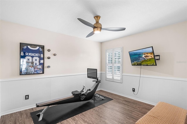 3351 Lintower Dr, Land O Lakes, FL 34638 - workout room featuring a wainscoted wall, a ceiling fan, and wood finished floors