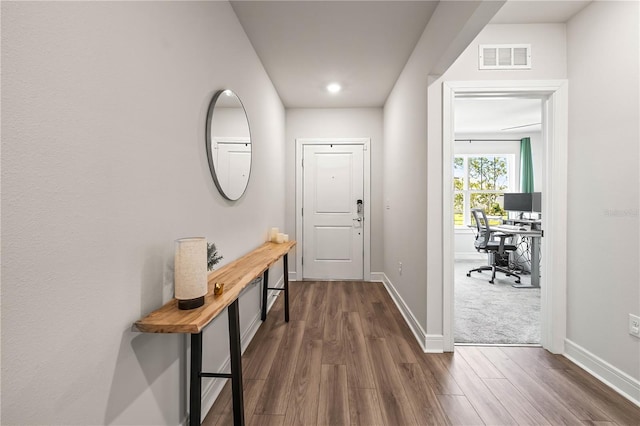 30273 Marquette Ave, Wesley Chapel, FL 33545 - hall featuring a desk, dark wood-style flooring, baseboards, and recessed lighting