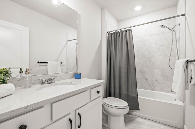 30273 Marquette Ave, Wesley Chapel, FL 33545 - bathroom with vanity, toilet, shower / bath combination with curtain, tile patterned floors, and recessed lighting