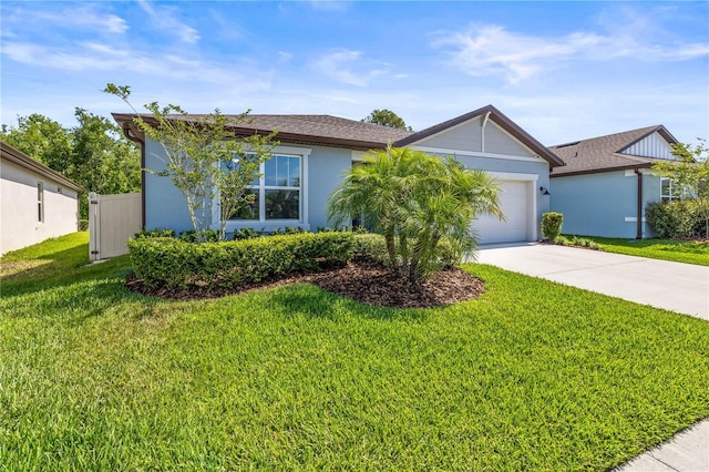30273 Marquette Ave, Wesley Chapel, FL 33545 - ranch-style house featuring concrete driveway, an attached garage, a front lawn, stucco siding, and roof with shingles