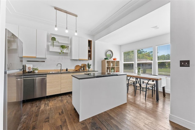 2911 N Jefferson St, Tampa, FL 33602 - kitchen with stainless steel appliances, open shelves, a sink, modern cabinets, and dark countertops