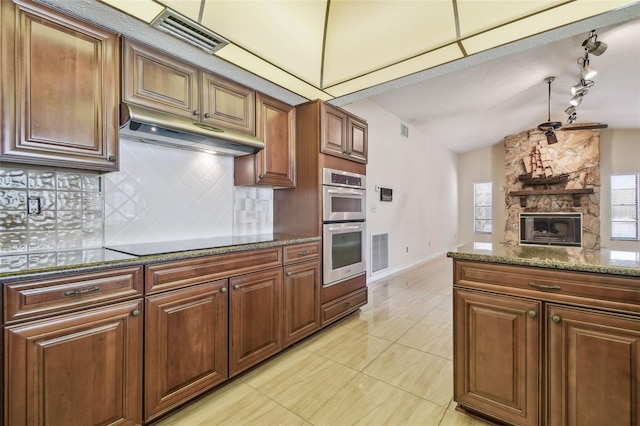 6322 Cocoa Ln, Apollo Beach, FL 33572 - kitchen featuring under cabinet range hood, black electric cooktop, tasteful backsplash, track lighting, and baseboards