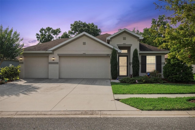 6555 Sparkling Way, Wesley Chapel, FL 33545 - ranch-style house with stucco siding, an attached garage, driveway, a shingled roof, and a lawn