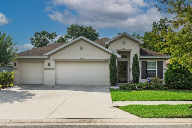 6555 Sparkling Way, Wesley Chapel, FL 33545 - ranch-style house with stucco siding, a garage, concrete driveway, and a shingled roof