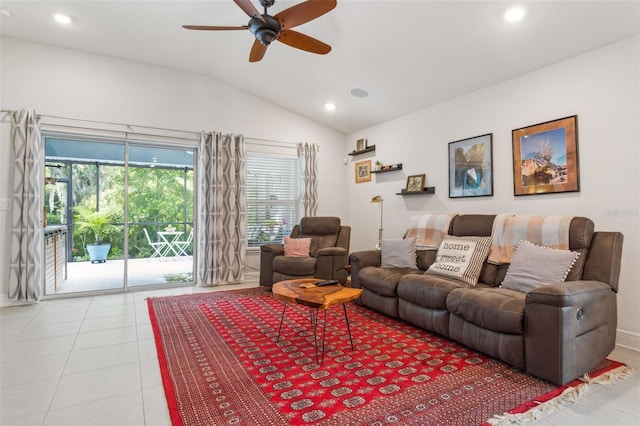 6555 Sparkling Way, Wesley Chapel, FL 33545 - living area with lofted ceiling, a ceiling fan, recessed lighting, and tile patterned flooring