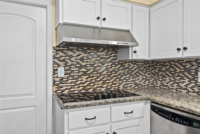 9780 Allen Rd, Lithia, FL 33547 - kitchen with stainless steel dishwasher, under cabinet range hood, black electric cooktop, backsplash, and white cabinets