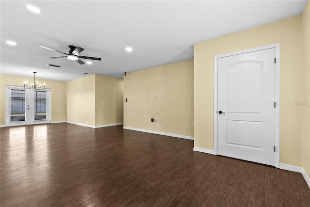 9780 Allen Rd, Lithia, FL 33547 - unfurnished living room with a chandelier, ceiling fan, recessed lighting, dark wood-style flooring, and baseboards