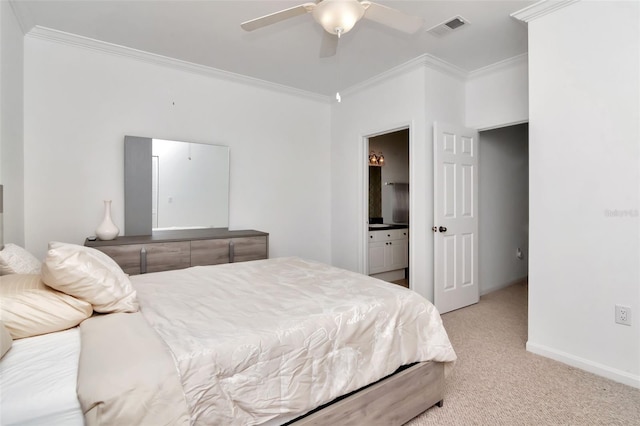 2173 Tuscany Trce Unit 8, Palm Harbor, FL 34683 - bedroom featuring crown molding, light colored carpet, ensuite bath, baseboards, and a ceiling fan