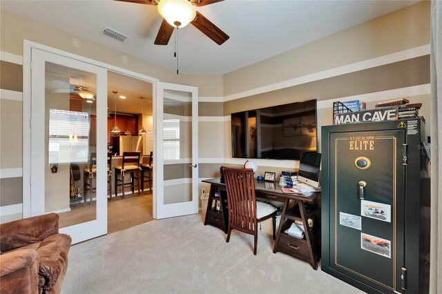 5646 Sunset Falls Dr, Apollo Beach, FL 33572 - carpeted home office featuring ceiling fan, french doors, and plenty of natural light
