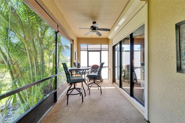 5646 Sunset Falls Dr, Apollo Beach, FL 33572 - sunroom / solarium featuring a textured wall, a ceiling fan, carpet flooring, and a textured ceiling