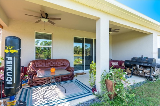 2247 Midnight Pearl Dr, Sarasota, FL 34240 - view of patio / terrace featuring ceiling fan, a grill, and outdoor lounge area