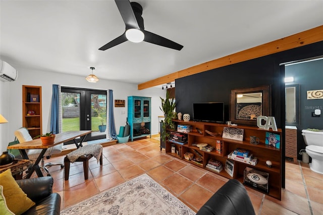 6251 4th Ave S, Saint Petersburg, FL 33707 - tiled living room with a wall mounted air conditioner, a ceiling fan, and beamed ceiling