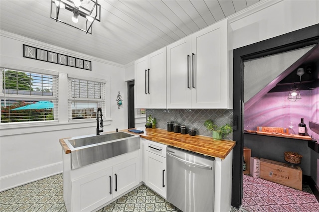 6251 4th Ave S, Saint Petersburg, FL 33707 - kitchen with stainless steel dishwasher, a sink, wooden counters, decorative backsplash, and white cabinets