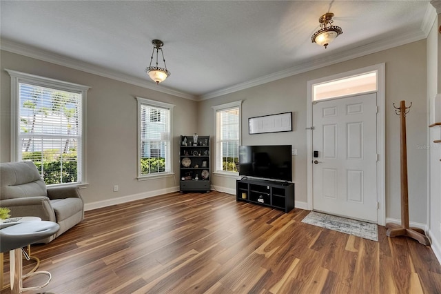 110 Aberdeen Pond Dr, Apollo Beach, FL 33572 - entryway featuring wood finished floors, baseboards, and crown molding