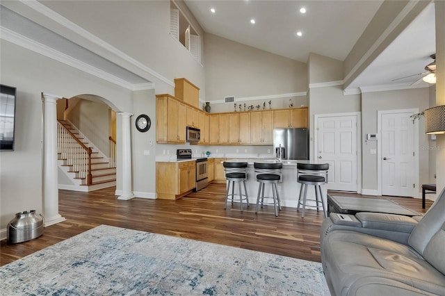 110 Aberdeen Pond Dr, Apollo Beach, FL 33572 - kitchen with stainless steel appliances, high vaulted ceiling, ornate columns, light brown cabinetry, and baseboards