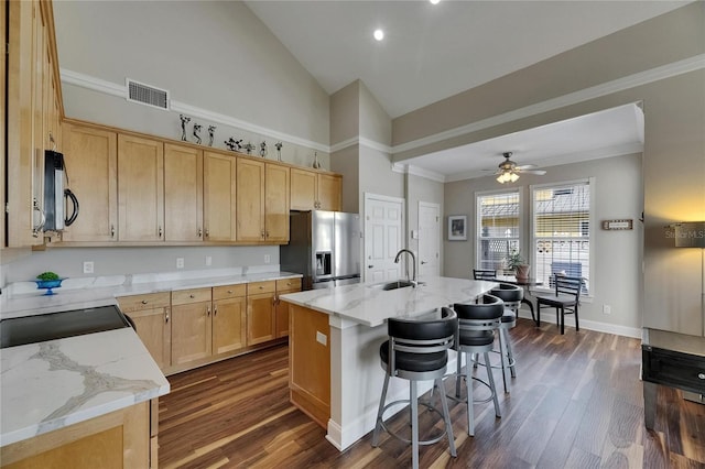 110 Aberdeen Pond Dr, Apollo Beach, FL 33572 - kitchen featuring stainless steel appliances, a sink, high vaulted ceiling, light stone counters, and a breakfast bar
