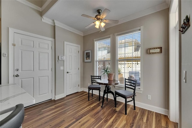 110 Aberdeen Pond Dr, Apollo Beach, FL 33572 - entrance foyer with wood finished floors, ceiling fan, baseboards, and ornamental molding