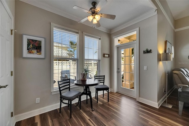 110 Aberdeen Pond Dr, Apollo Beach, FL 33572 - dining space with ceiling fan, dark wood-type flooring, baseboards, and ornamental molding
