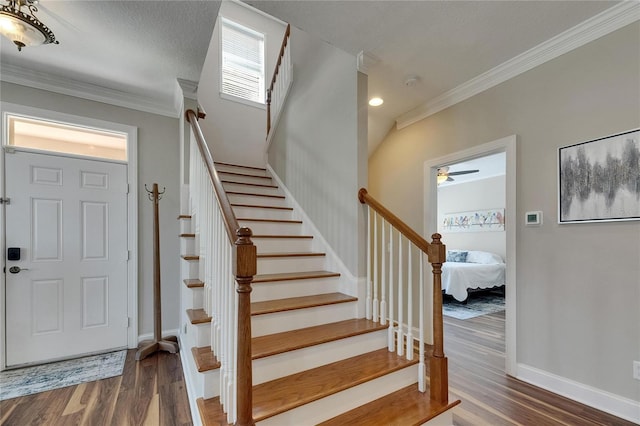 110 Aberdeen Pond Dr, Apollo Beach, FL 33572 - stairway featuring wood finished floors, crown molding, baseboards, a ceiling fan, and recessed lighting