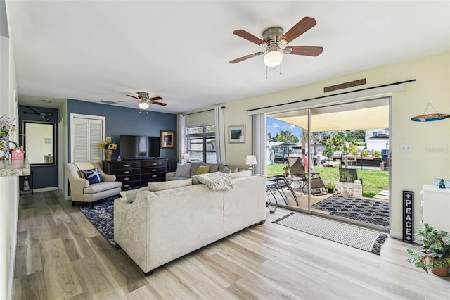 13920 Berkowitz Ave, Hudson, FL 34667 - living area featuring a ceiling fan and light wood-style flooring
