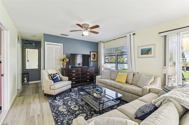 13920 Berkowitz Ave, Hudson, FL 34667 - living room featuring a ceiling fan, wood finished floors, and baseboards